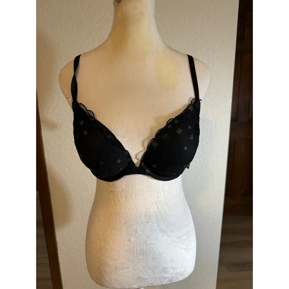 Victoria Secret Push-Up Bra Black 36C Women Gold Star Lace Underwire Intimates